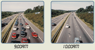 Photos illustrating traffic conditions at different times of the day