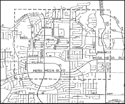 Street network inviting through-traffic at Mira Mesa in San Diego