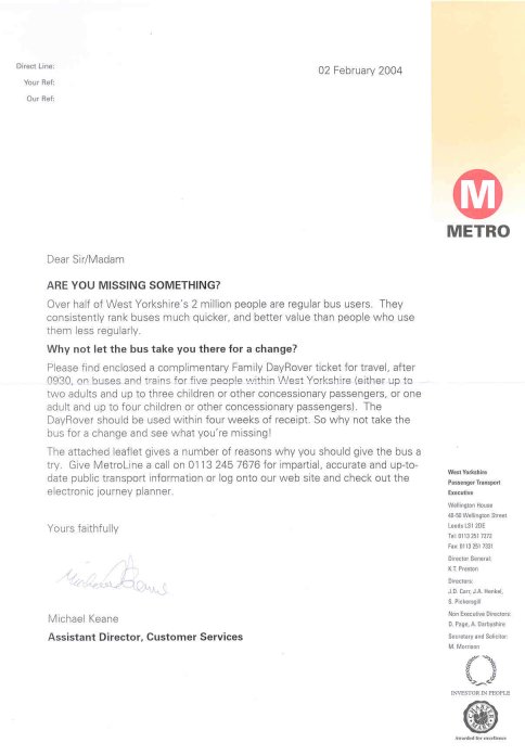 Image of letter 2004 mentioning free dayrover